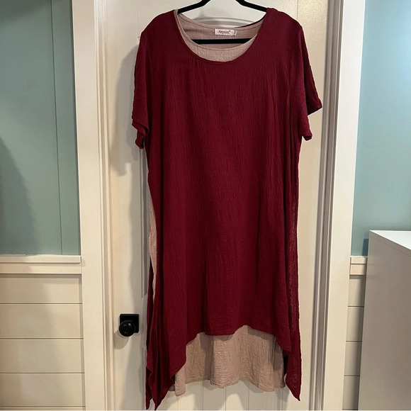 Anysize Burgundy & Tan Linen Cotton Gauze Lagenlook Layered Dress. OS. - Picture 1 of 10